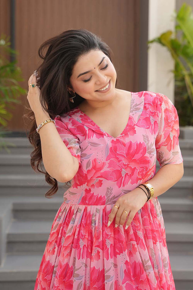 Pink Floral Printed Georgette Gown (ACZ6642)