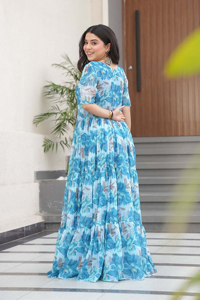 Sky Blue Floral Printed Georgette Gown (ACZ6644)