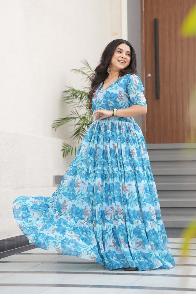 Sky Blue Floral Printed Georgette Gown (ACZ6644)