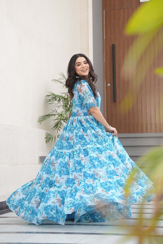 Sky Blue Floral Printed Georgette Gown (ACZ6644)