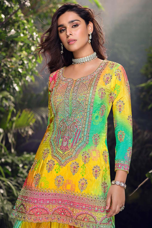 Yellow Zari with Sequin Chinon Palazzo Suit Set (ACZ6660)