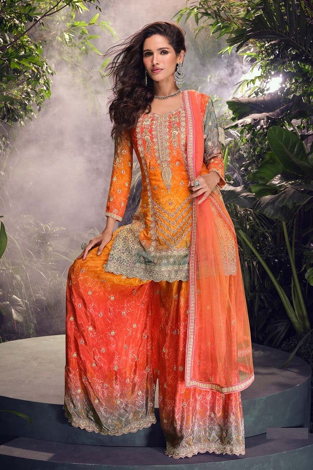 Orange Zari with Sequin Chinon Palazzo Suit Set (ACZ6661)