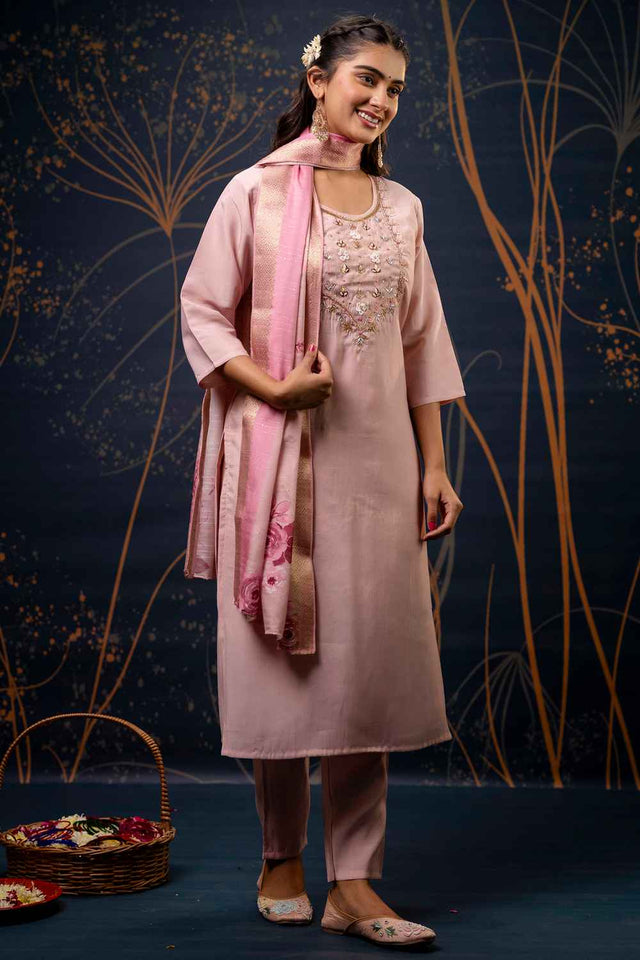 Light Pink Embroidered Silk Straight Cut Suit Set