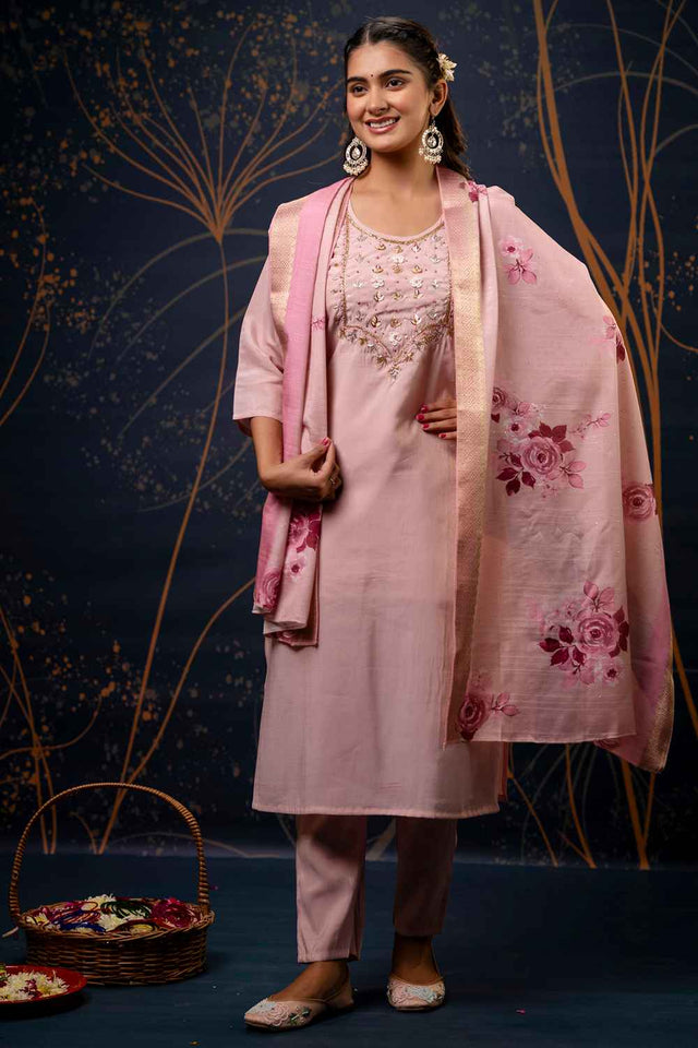 Light Pink Embroidered Silk Straight Cut Suit Set
