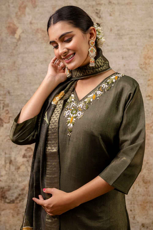 Green Embroidered Silk Straight Cut Suit Set