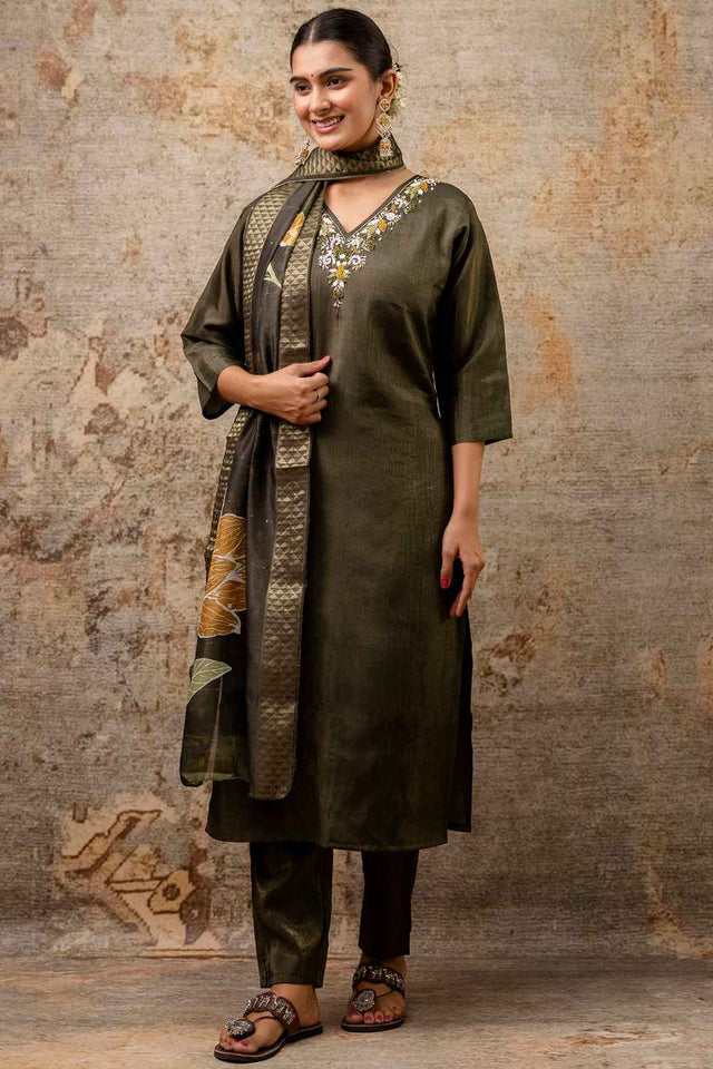 Green Embroidered Silk Straight Cut Suit Set