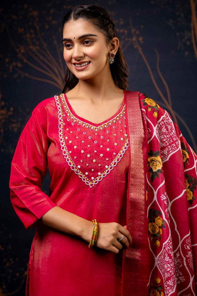 Pink Embroidered Silk Straight Cut Suit Set