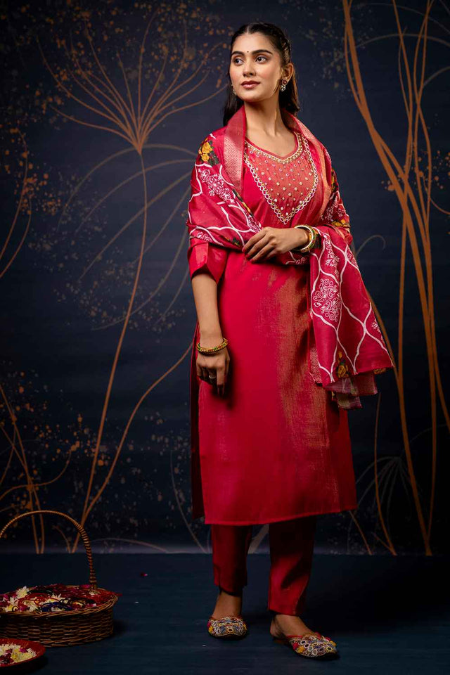 Pink Embroidered Silk Straight Cut Suit Set