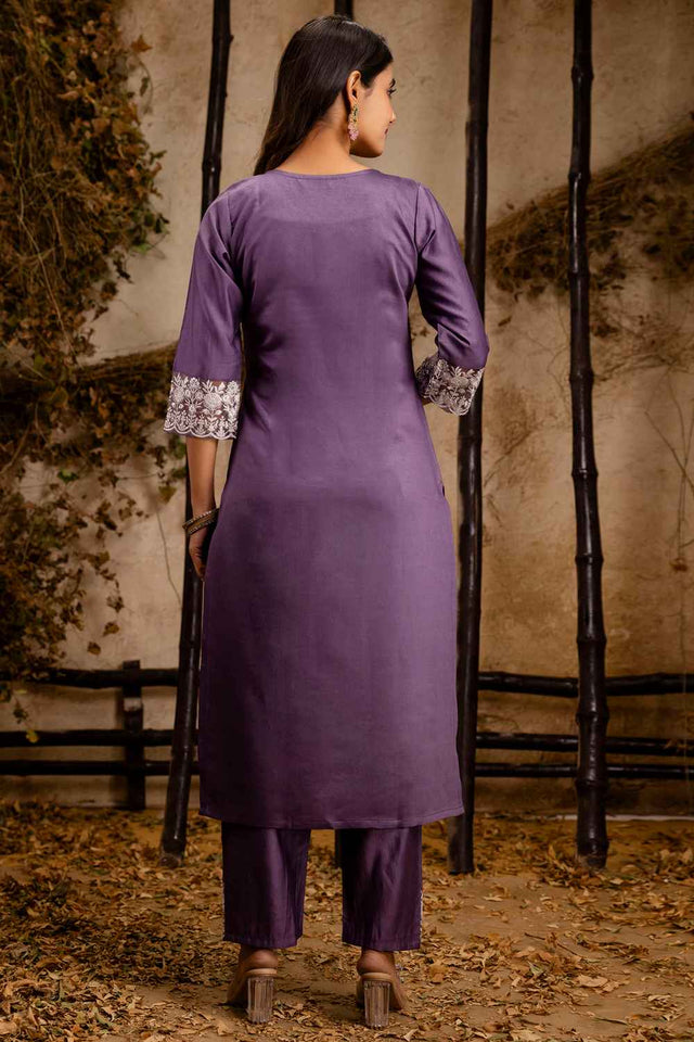 Lavender Embroidered Silk Straight Cut Suit Set