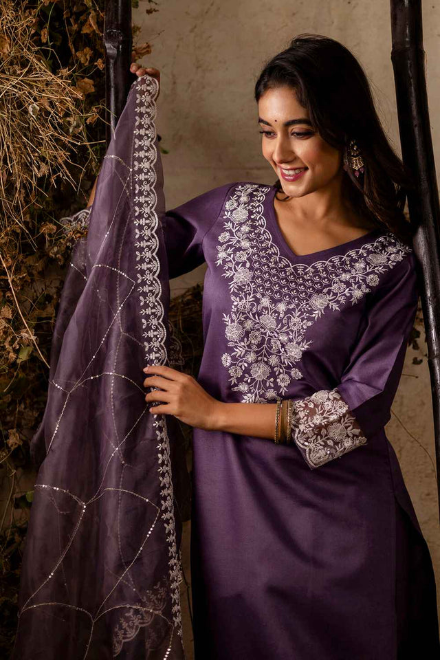 Lavender Embroidered Silk Straight Cut Suit Set