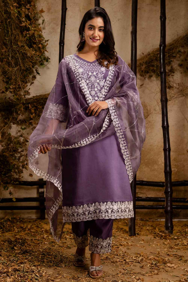 Lavender Embroidered Silk Straight Cut Suit Set
