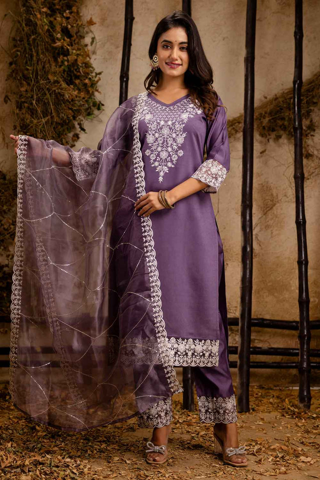 Lavender Embroidered Silk Straight Cut Suit Set