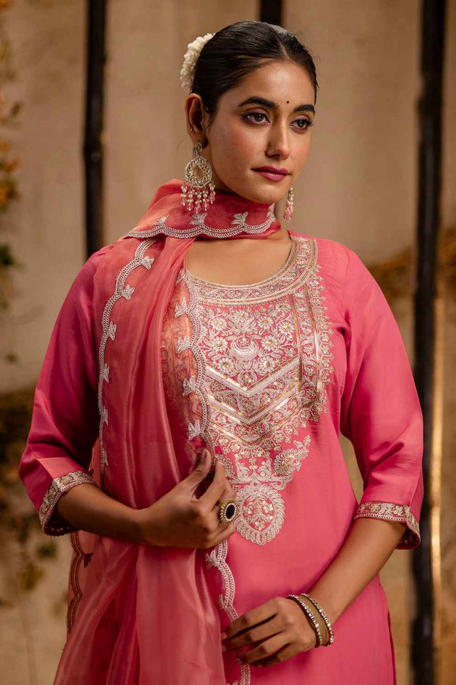Peach Embroidered Silk Straight Cut Suit Set
