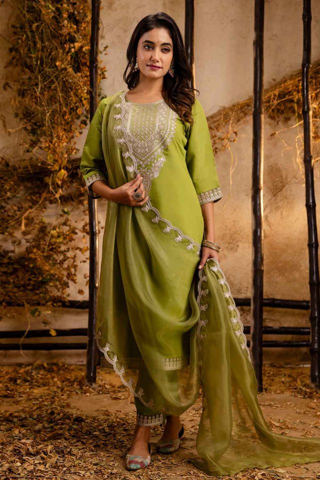 Green Embroidered Silk Straight Cut Suit Set