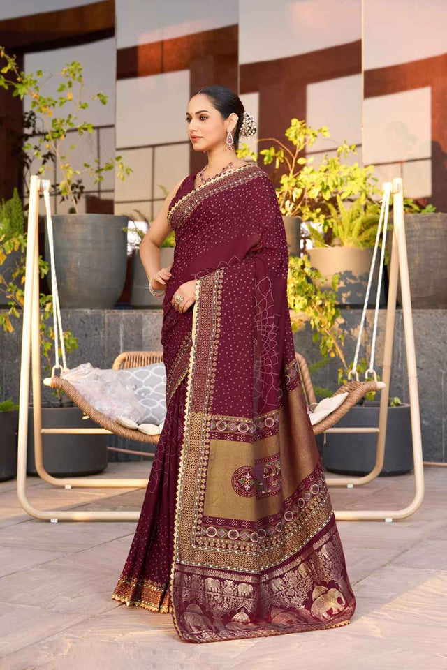Wine Sequin with Embroidered Cotton Saree (ACZ6935)