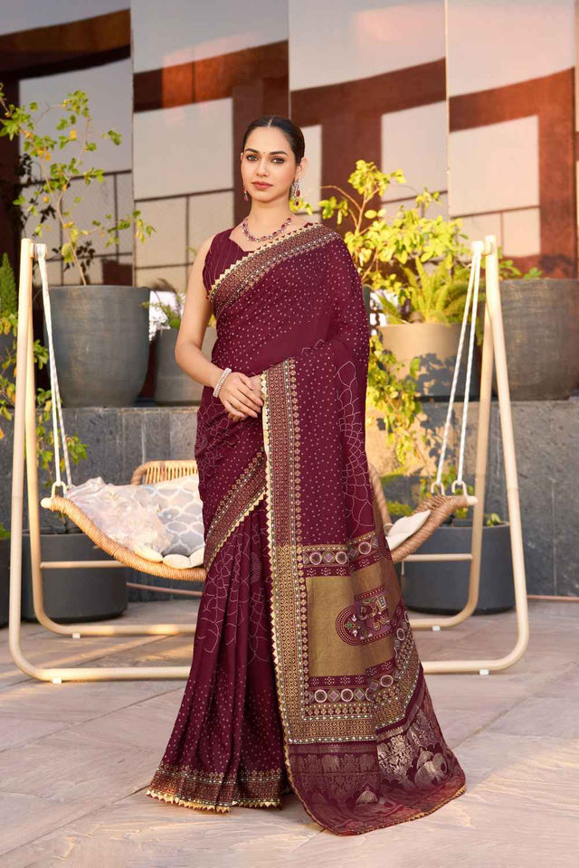 Wine Sequin with Embroidered Cotton Saree (ACZ6935)