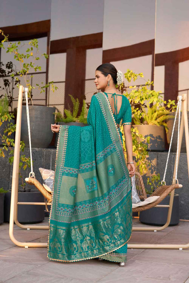 Turquoise Sequin with Embroidered Cotton Saree (ACZ6936)