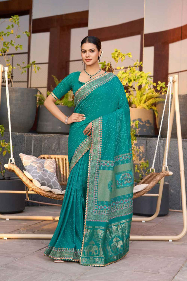 Turquoise Sequin with Embroidered Cotton Saree (ACZ6936)