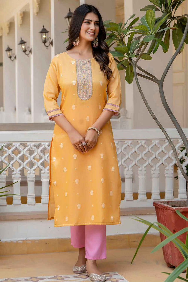 Yellow Embroidered Silk Straight Kurtis