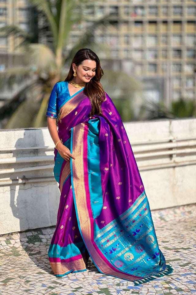 Violet Woven Paithani Silk Saree