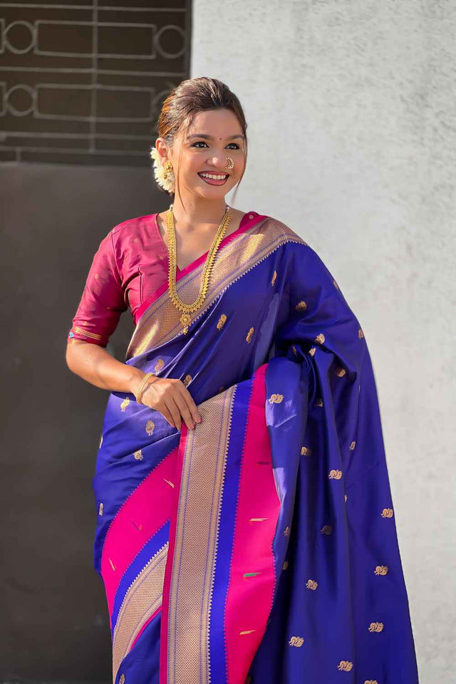 Blue Woven Paithani Silk Saree