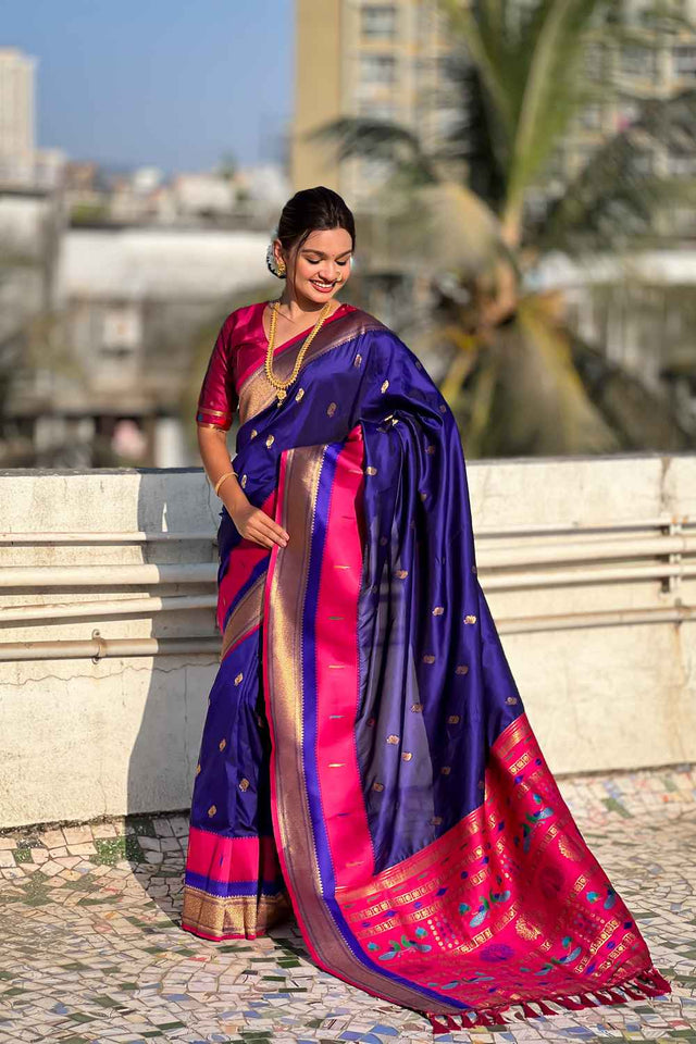 Blue Woven Paithani Silk Saree