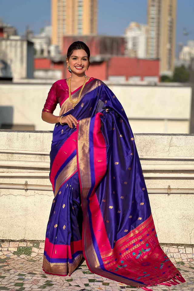 Blue Woven Paithani Silk Saree