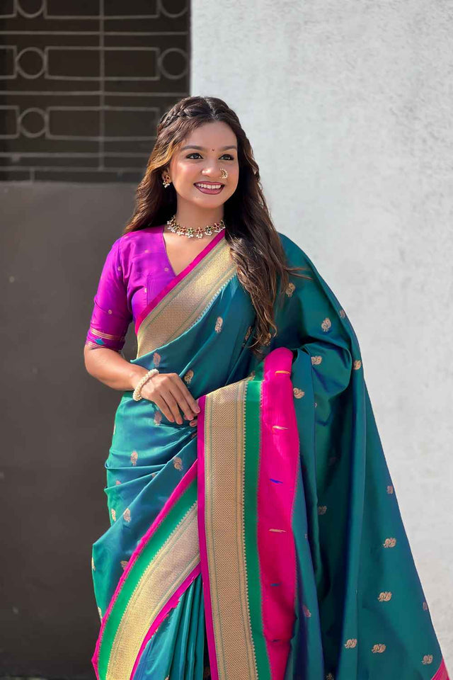 Sea-Green Woven Paithani Silk Saree