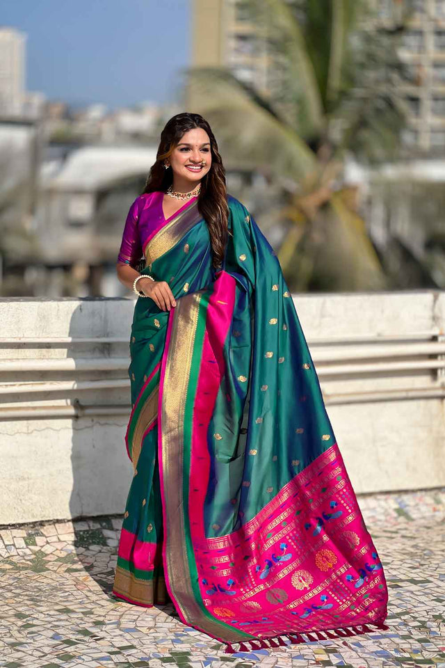 Sea-Green Woven Paithani Silk Saree