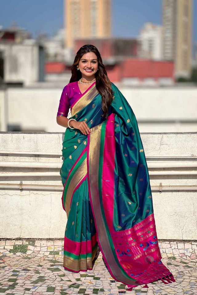 Sea-Green Woven Paithani Silk Saree