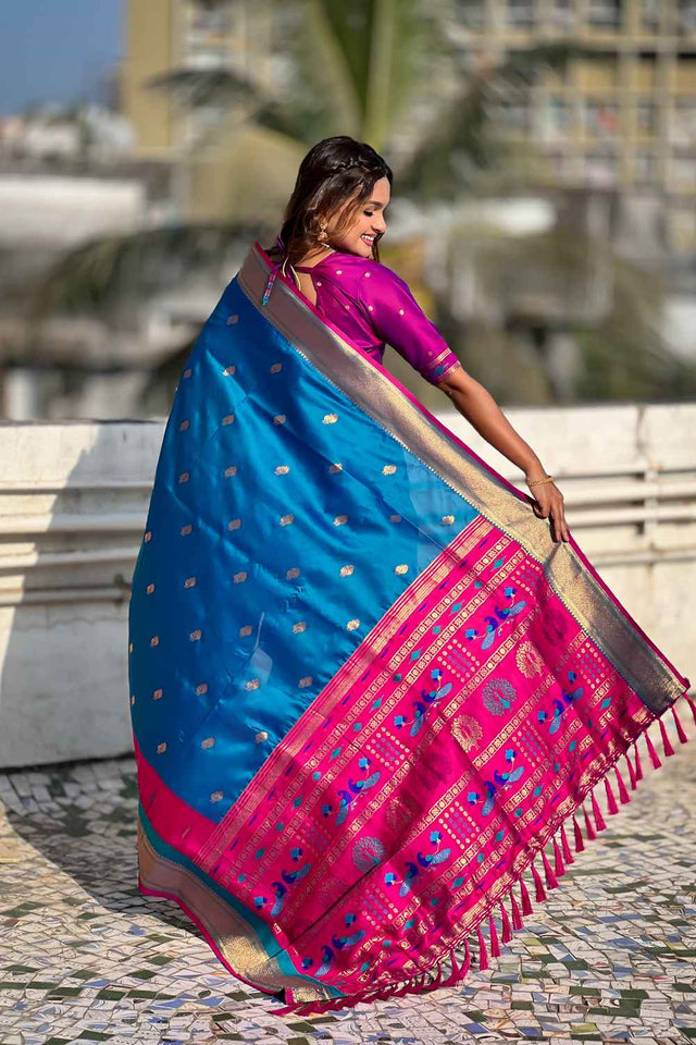 Blue Woven Paithani Silk Saree