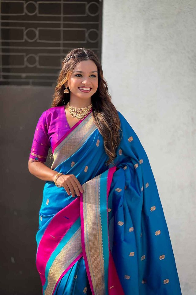 Blue Woven Paithani Silk Saree