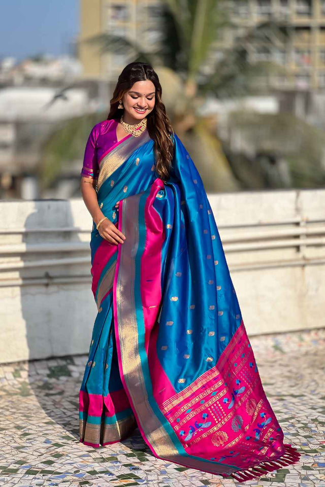 Blue Woven Paithani Silk Saree