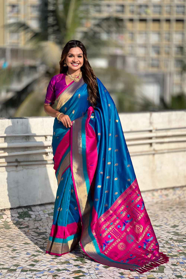Blue Woven Paithani Silk Saree