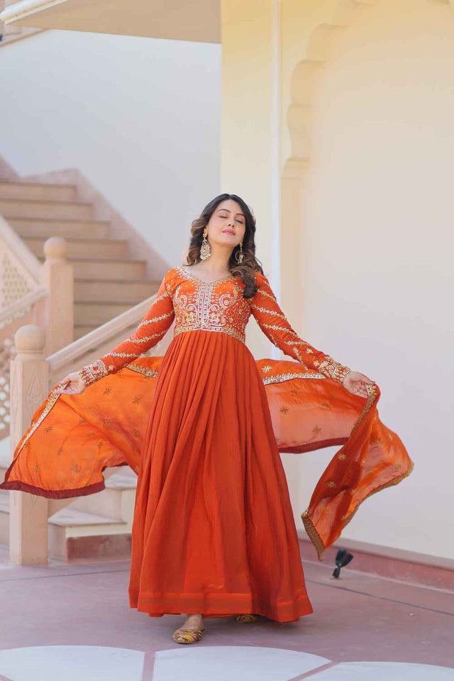 Orange Sequin with Embroidered Chiffon Gown