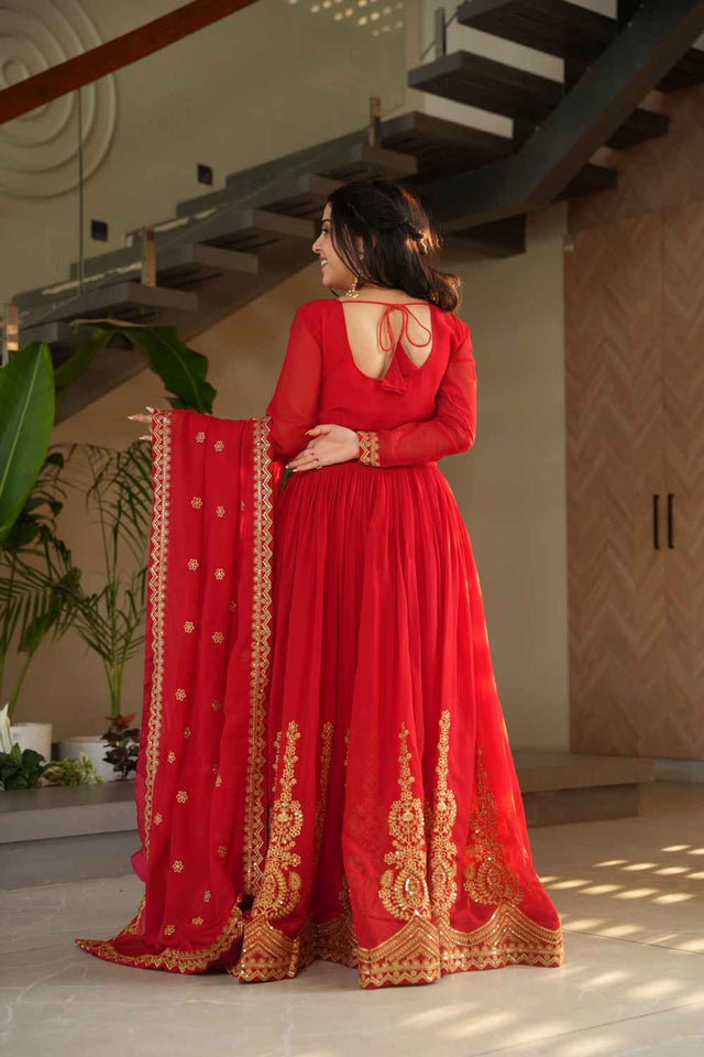 Red Sequin with Embroidered Georgette Gown