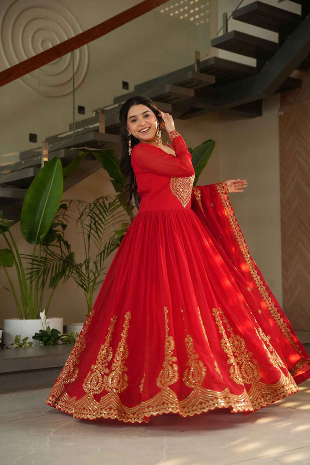 Red Sequin with Embroidered Georgette Gown