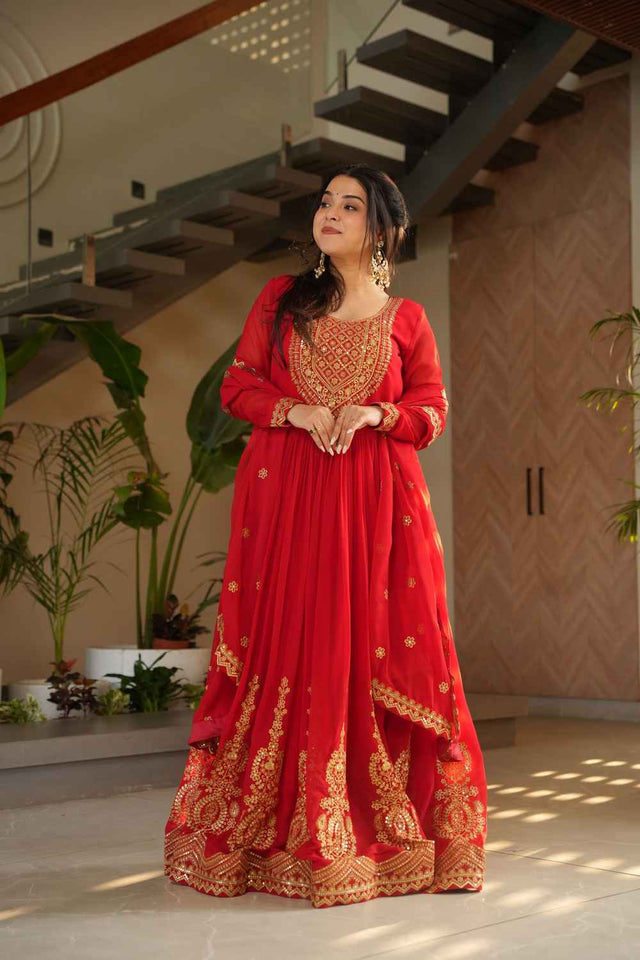 Red Sequin with Embroidered Georgette Gown