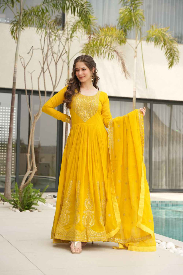 Yellow Sequin with Embroidered Georgette Gown
