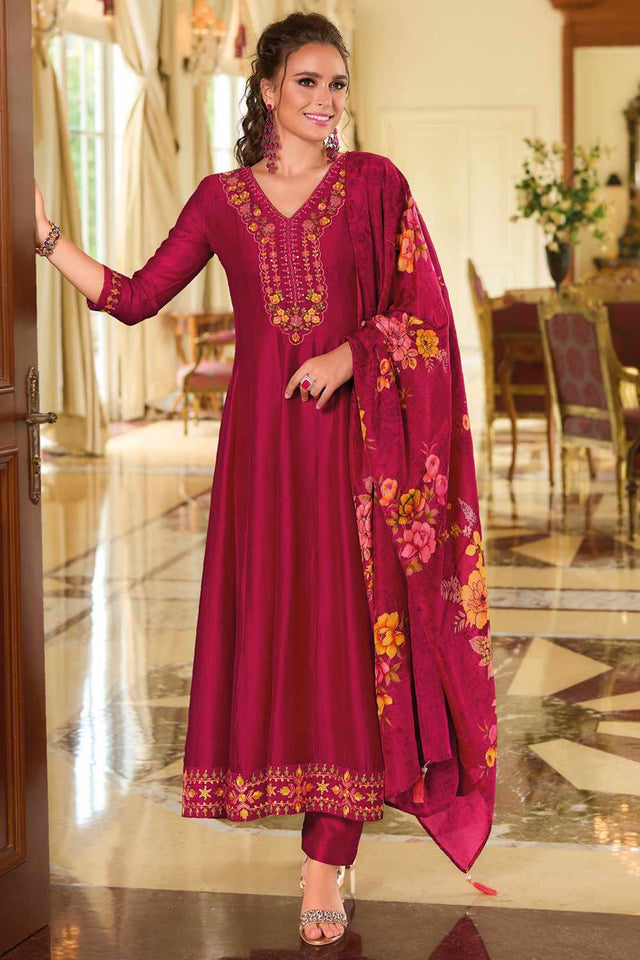 Pink Solid Silk Anarkali Suit Set (ACZ7623)