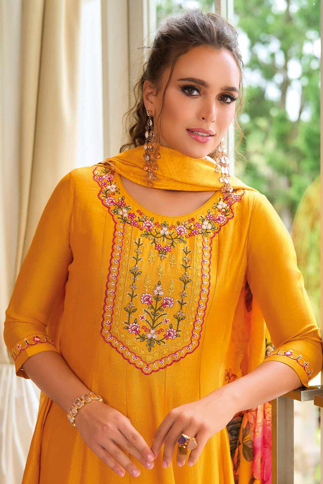 Yellow Solid Silk Anarkali Suit Set (ACZ7627)