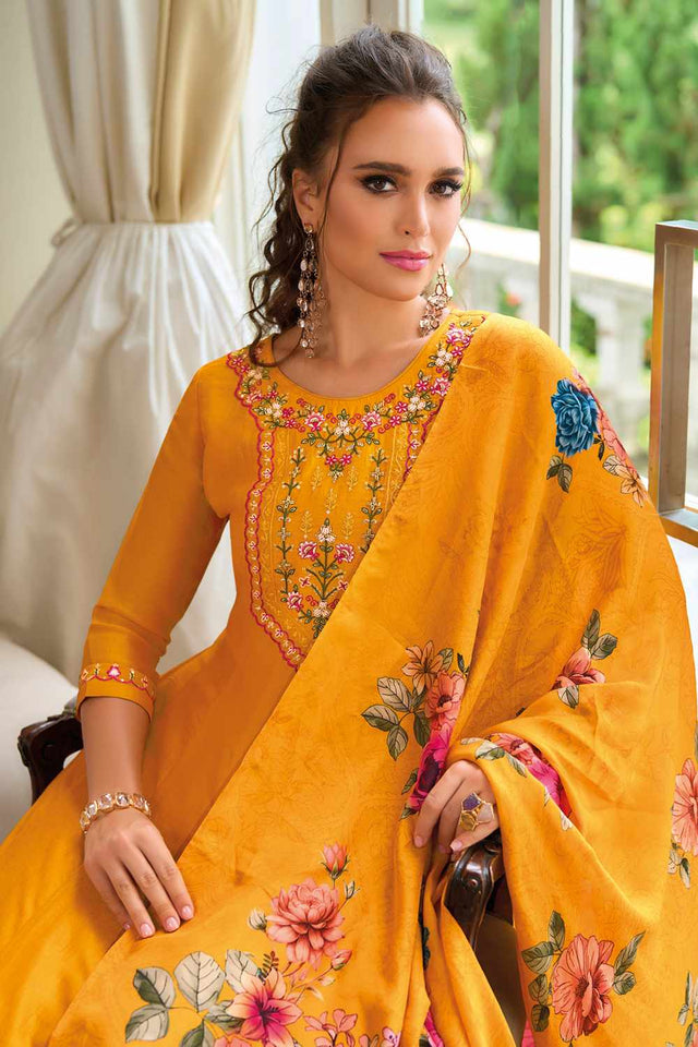 Yellow Solid Silk Anarkali Suit Set (ACZ7627)