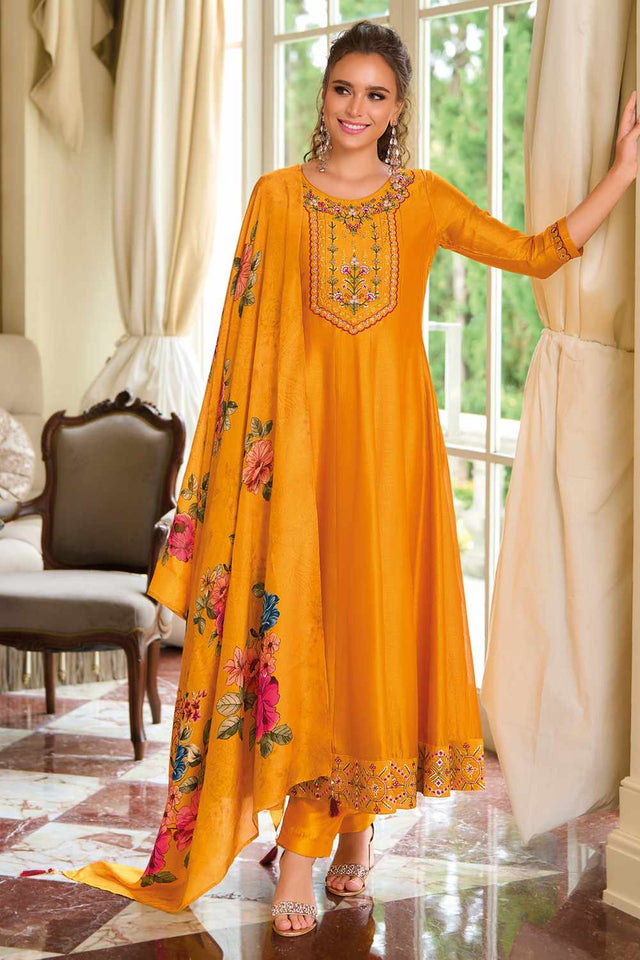 Yellow Solid Silk Anarkali Suit Set (ACZ7627)