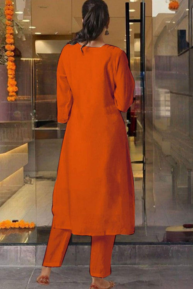 Orange Embroidered Silk Straight Cut Suit Set
