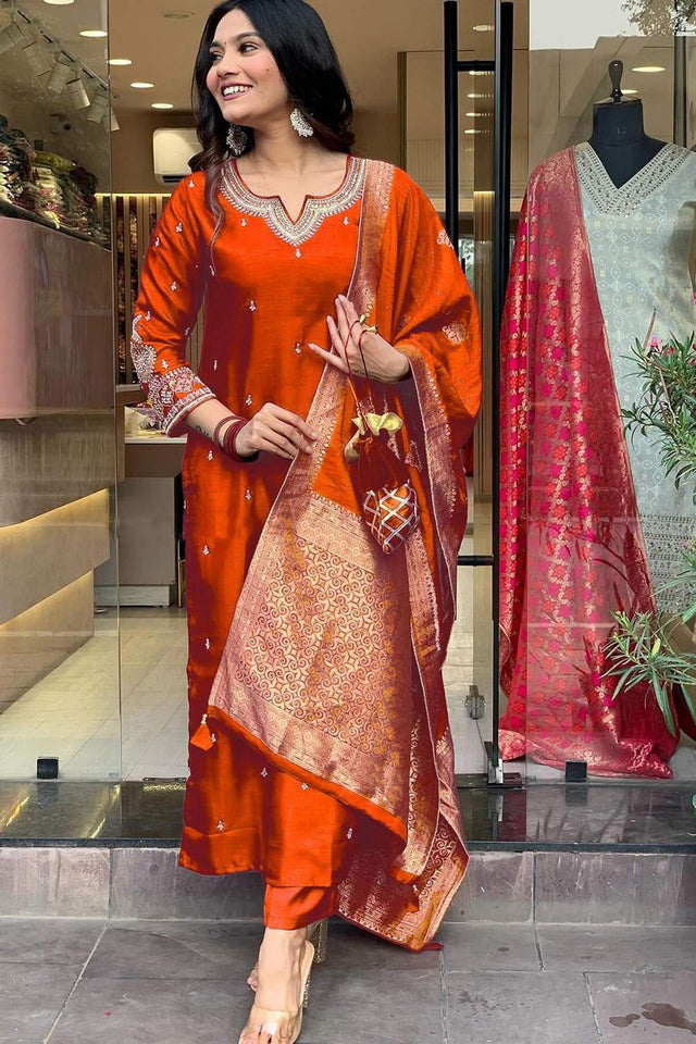 Orange Embroidered Silk Straight Cut Suit Set