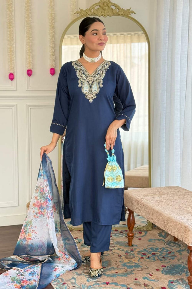Blue Embroidered Silk Straight Cut Suit Set