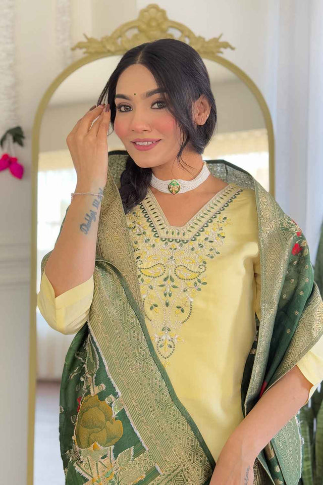 Yellow Solid Chanderi Straight Cut Suit Set