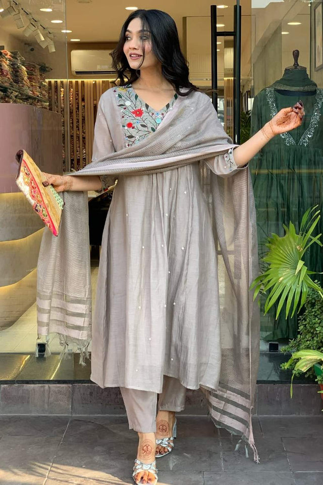 Grey Soild Chinon Anarkali Suit Set