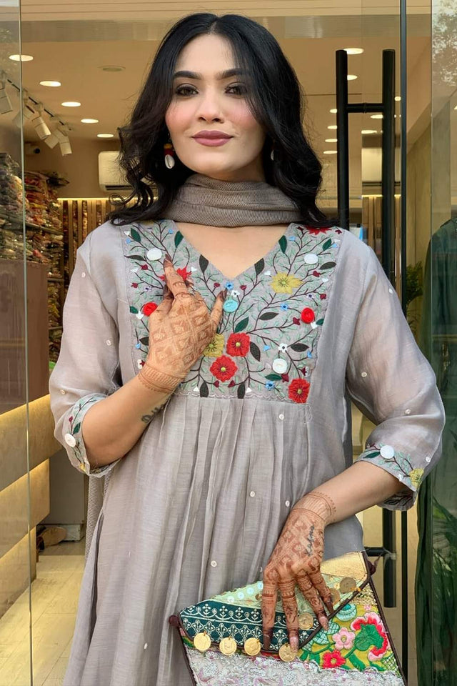 Grey Soild Chinon Anarkali Suit Set