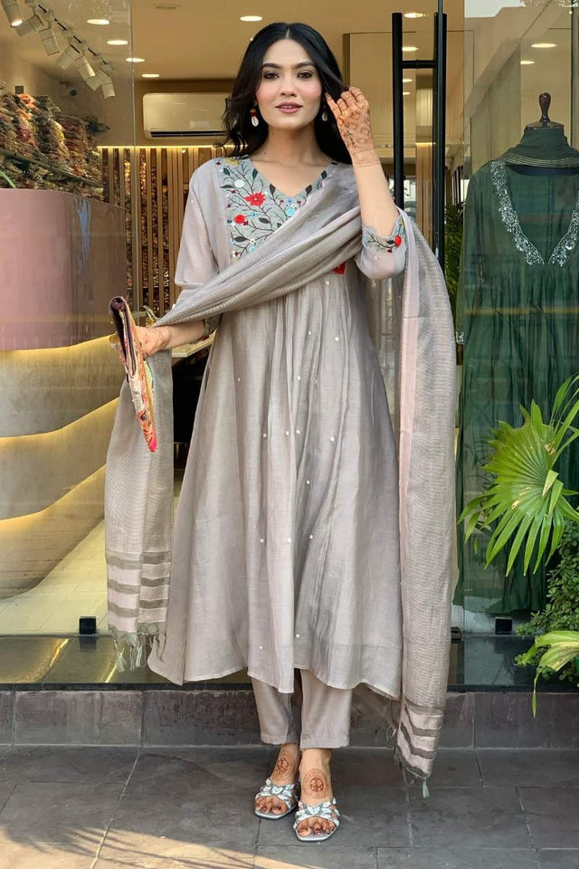 Grey Soild Chinon Anarkali Suit Set